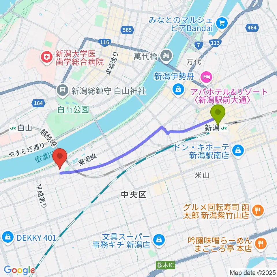 新潟駅から新潟ユニゾンプラザへのルートマップ地図