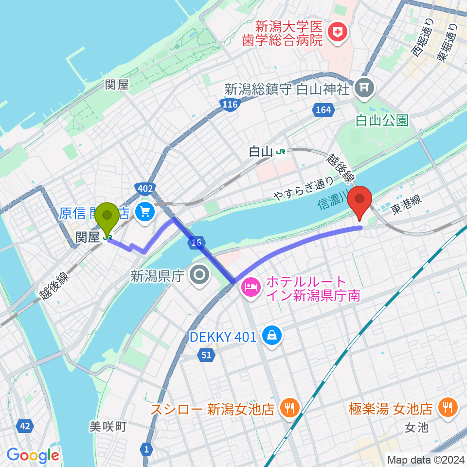 関屋駅から新潟ユニゾンプラザへのルートマップ地図