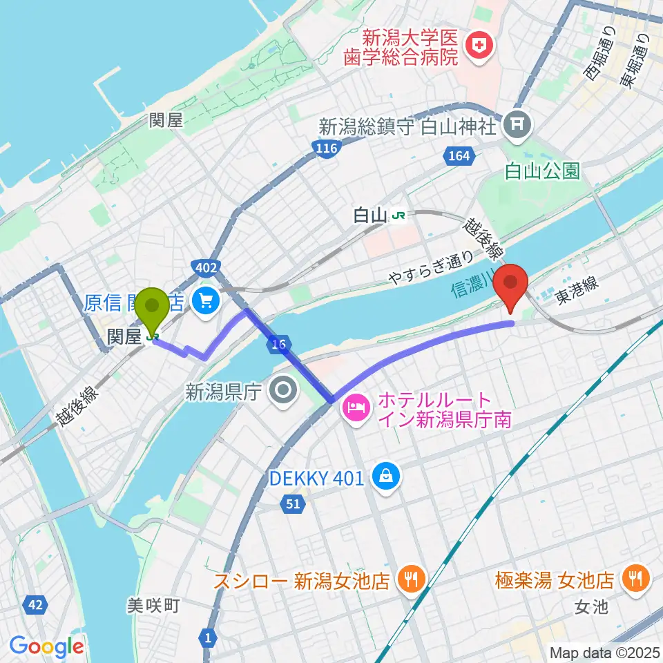 関屋駅から新潟ユニゾンプラザへのルートマップ地図