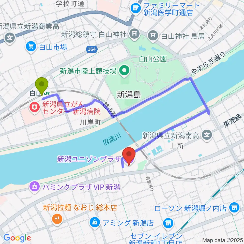 新潟ユニゾンプラザの最寄駅白山駅からの徒歩ルート（約14分）地図