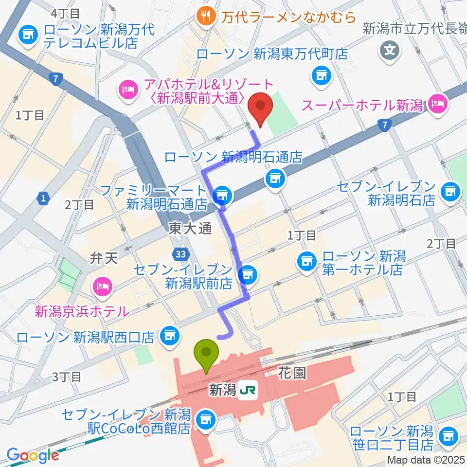 新潟市万代市民会館の最寄駅新潟駅からの徒歩ルート（約8分）地図