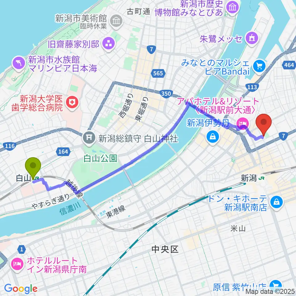 白山駅から新潟市万代市民会館へのルートマップ地図