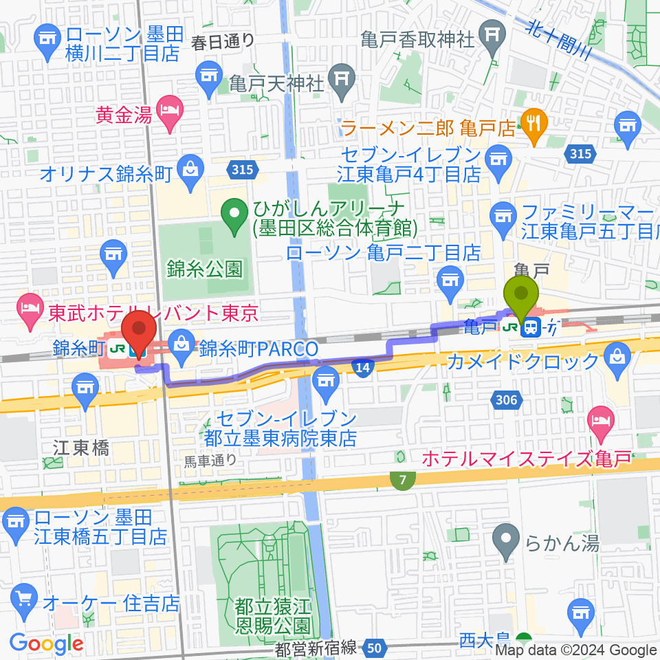 亀戸駅からよみうりカルチャー錦糸町へのルートマップ地図