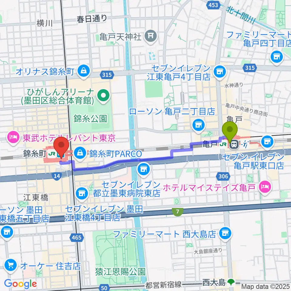 亀戸駅からよみうりカルチャー錦糸町へのルートマップ地図