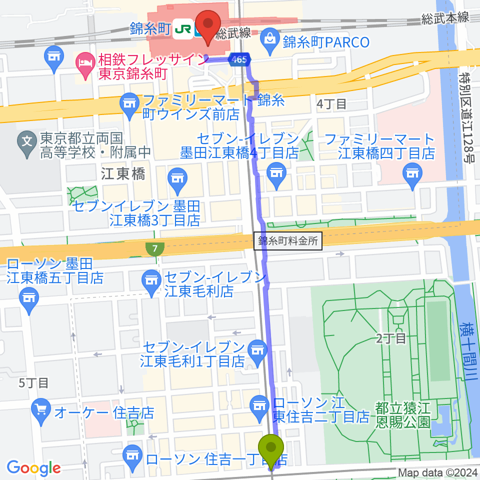住吉駅からよみうりカルチャー錦糸町へのルートマップ地図