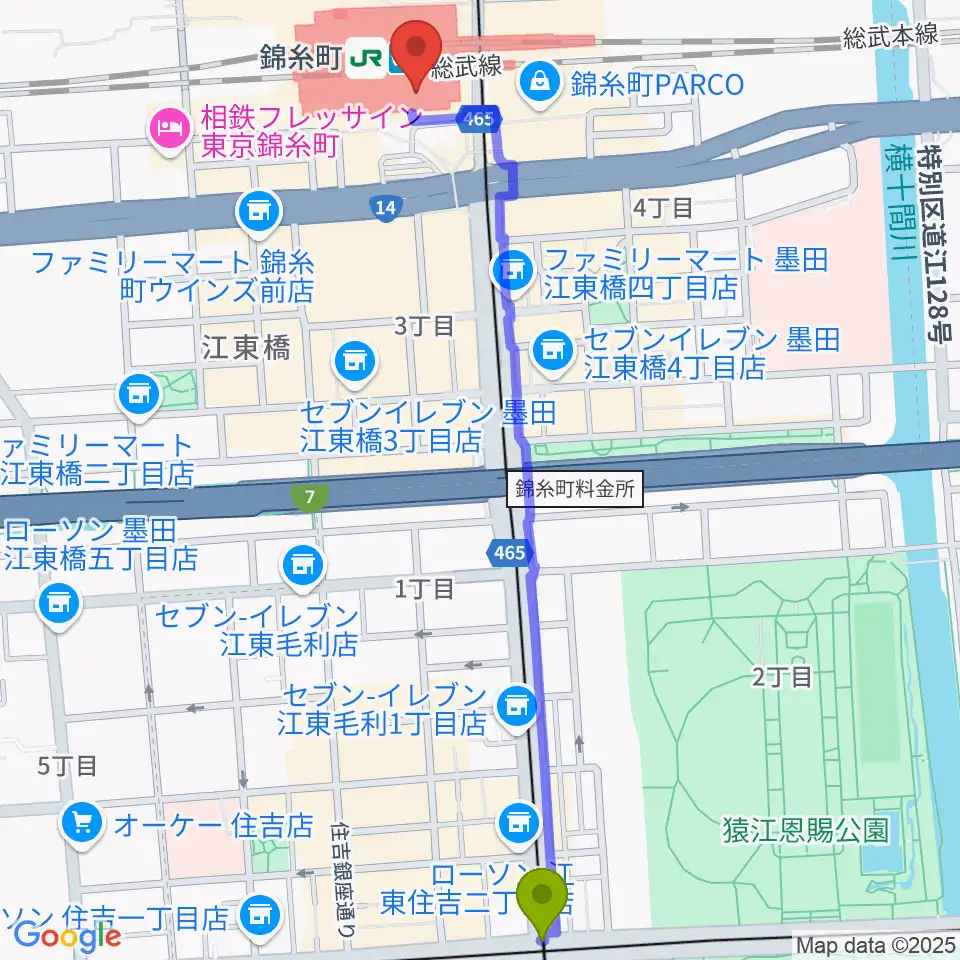 住吉駅からよみうりカルチャー錦糸町へのルートマップ地図
