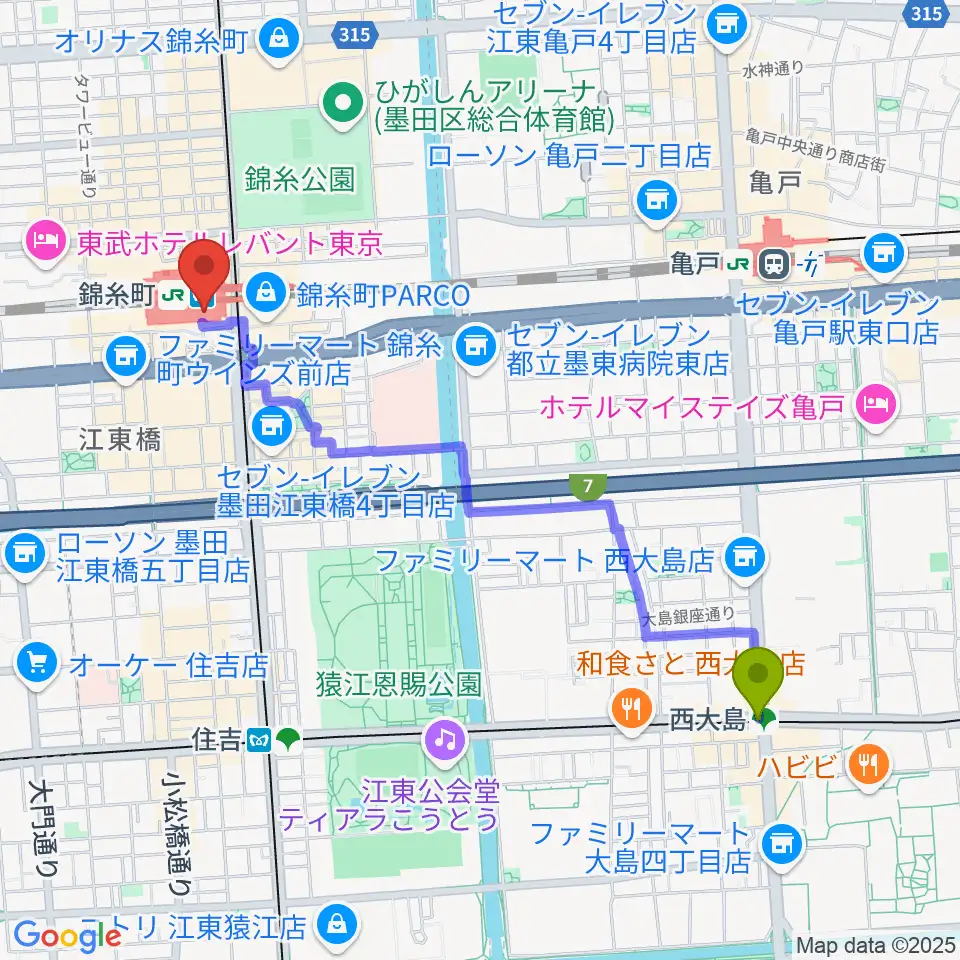 西大島駅からよみうりカルチャー錦糸町へのルートマップ地図
