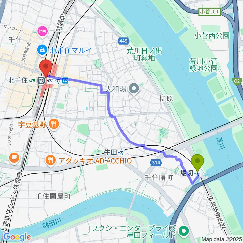 堀切駅からよみうりカルチャー北千住へのルートマップ地図