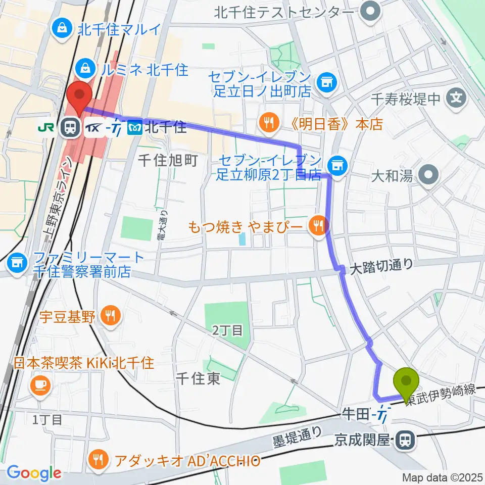 牛田駅からよみうりカルチャー北千住へのルートマップ地図