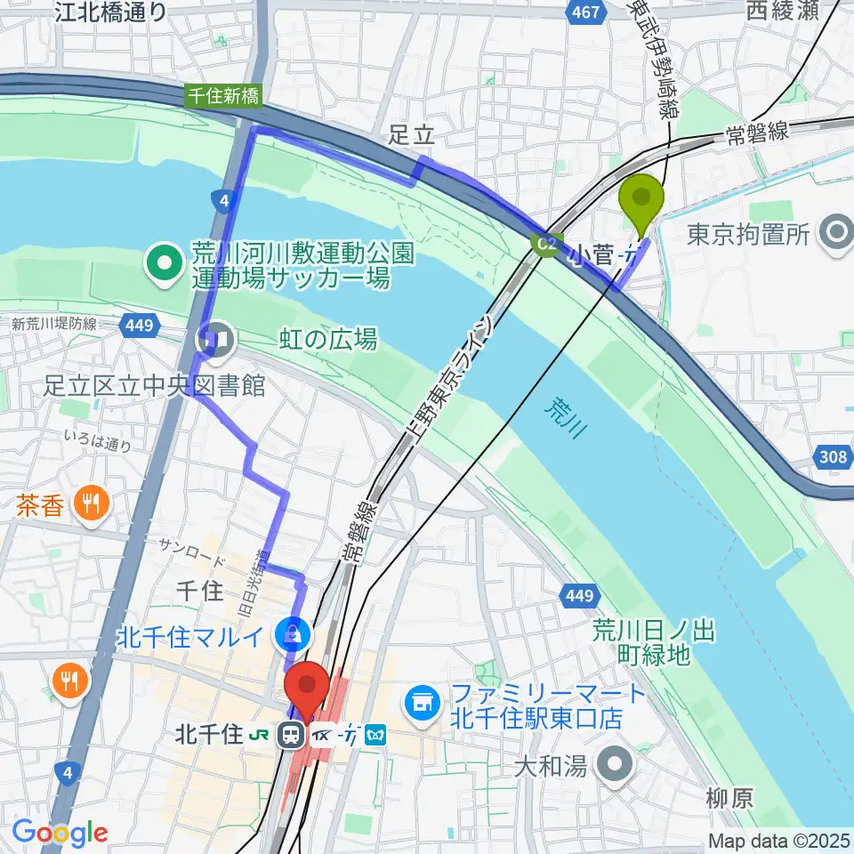 小菅駅からよみうりカルチャー北千住へのルートマップ地図