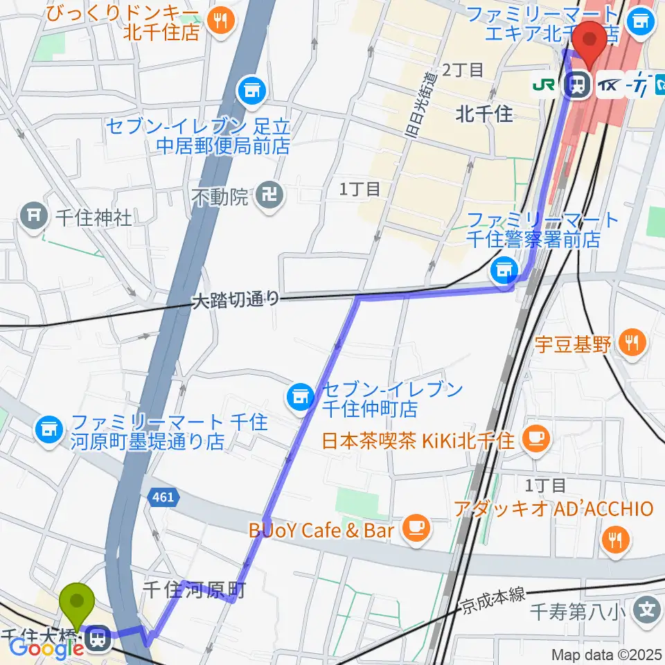 千住大橋駅からよみうりカルチャー北千住へのルートマップ地図