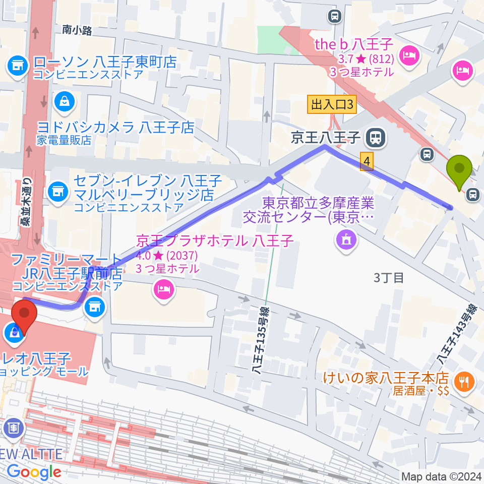 京王八王子駅からよみうりカルチャー八王子へのルートマップ地図