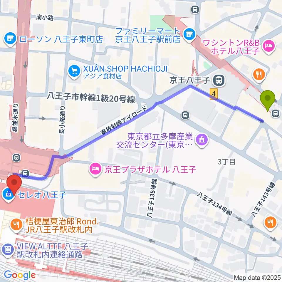 京王八王子駅からよみうりカルチャー八王子へのルートマップ地図