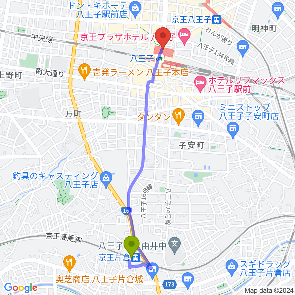 京王片倉駅からよみうりカルチャー八王子へのルートマップ地図