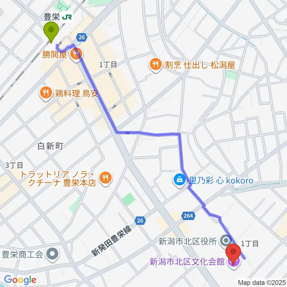 新潟市北区文化会館の最寄駅豊栄駅からの徒歩ルート（約15分）地図
