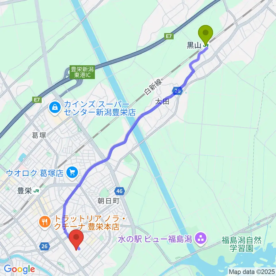 黒山駅から新潟市北区文化会館へのルートマップ地図