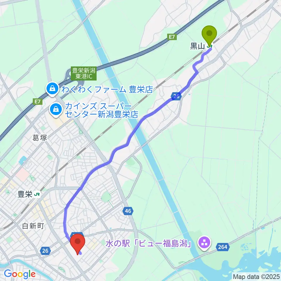 黒山駅から新潟市北区文化会館へのルートマップ地図