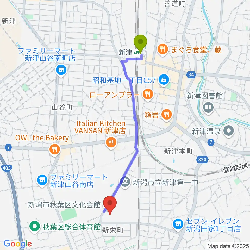 新潟市秋葉区文化会館の最寄駅新津駅からの徒歩ルート（約20分）地図