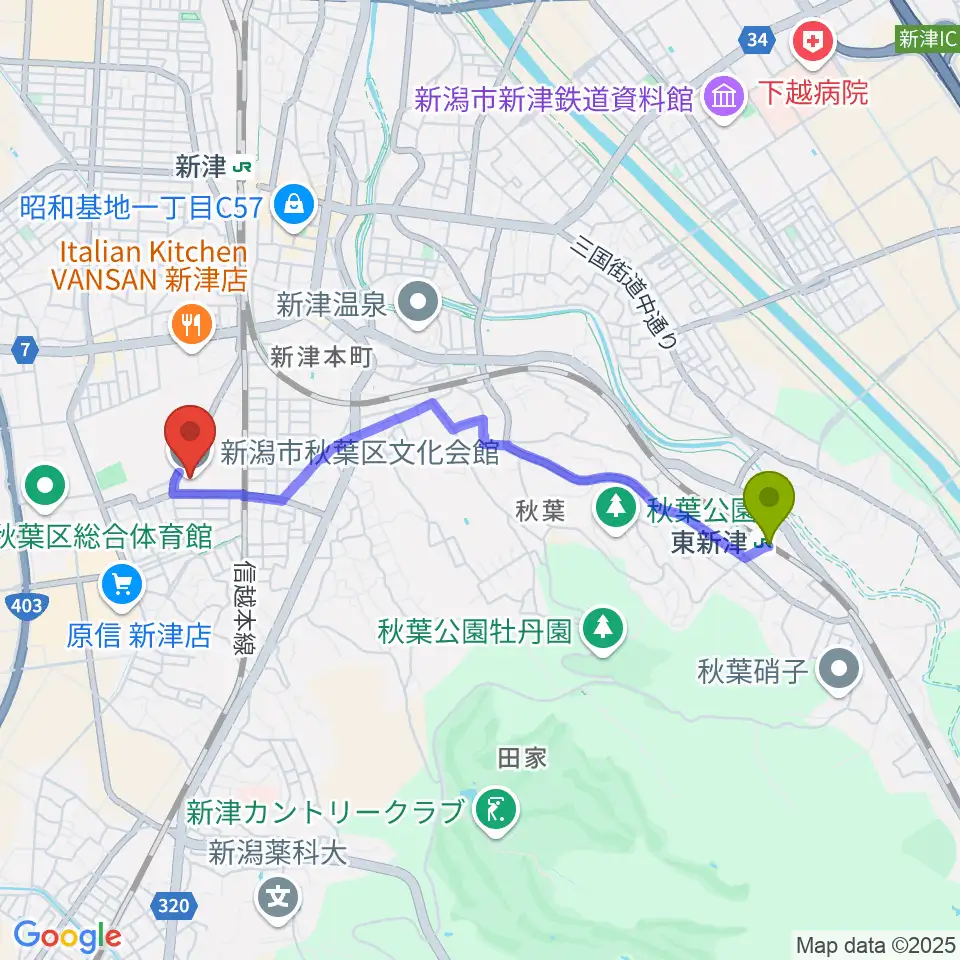 東新津駅から新潟市秋葉区文化会館へのルートマップ地図