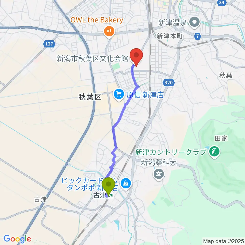 古津駅から新潟市秋葉区文化会館へのルートマップ地図