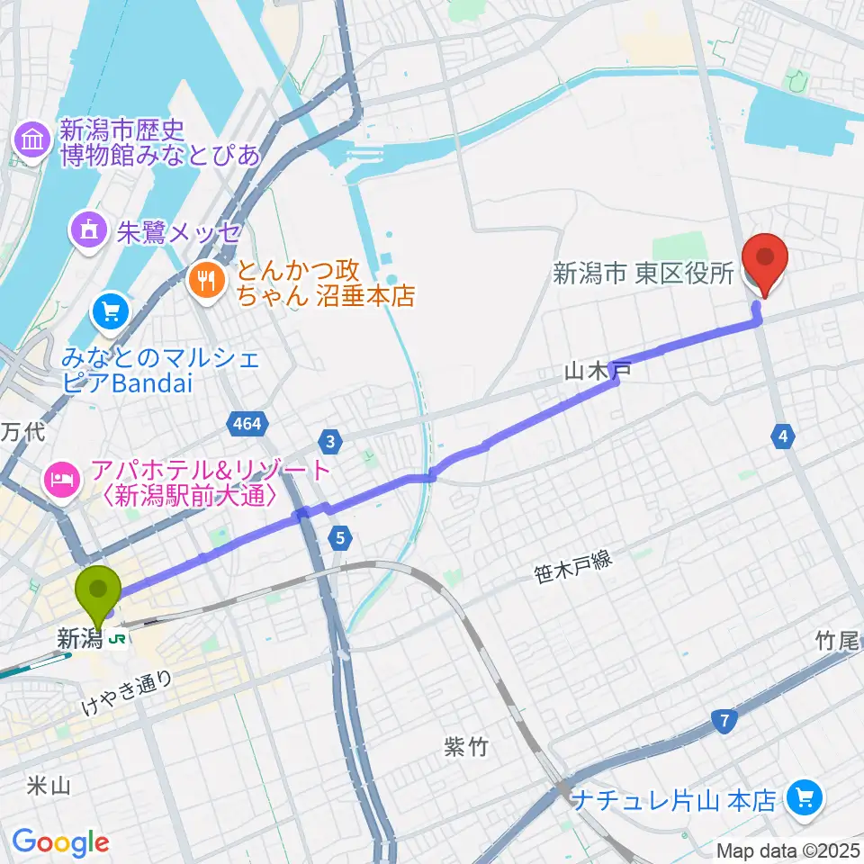 新潟駅から新潟市東区プラザへのルートマップ地図