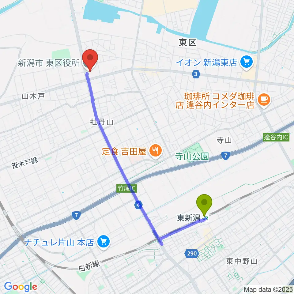 新潟市東区プラザの最寄駅東新潟駅からの徒歩ルート（約38分）地図