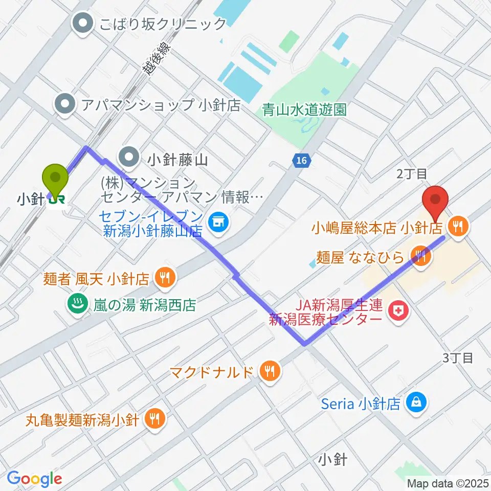 西新潟市民会館の最寄駅小針駅からの徒歩ルート（約12分）地図