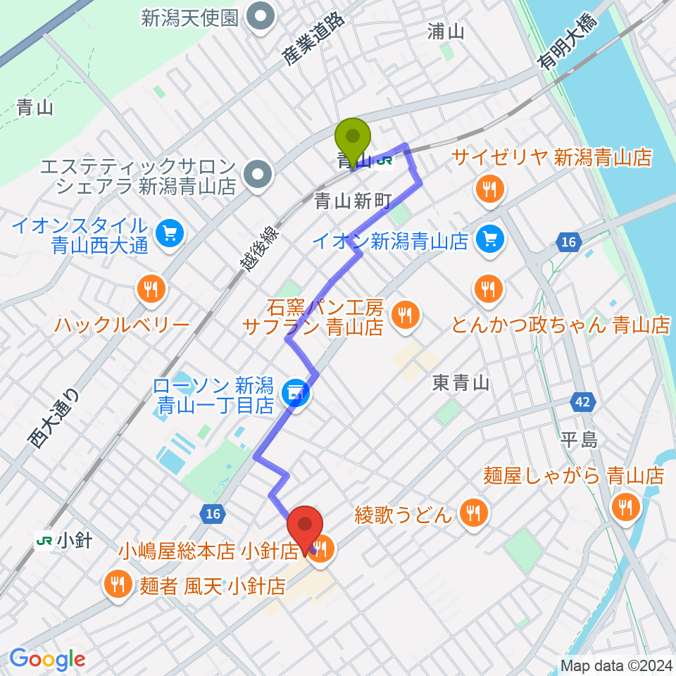 青山駅から西新潟市民会館へのルートマップ地図