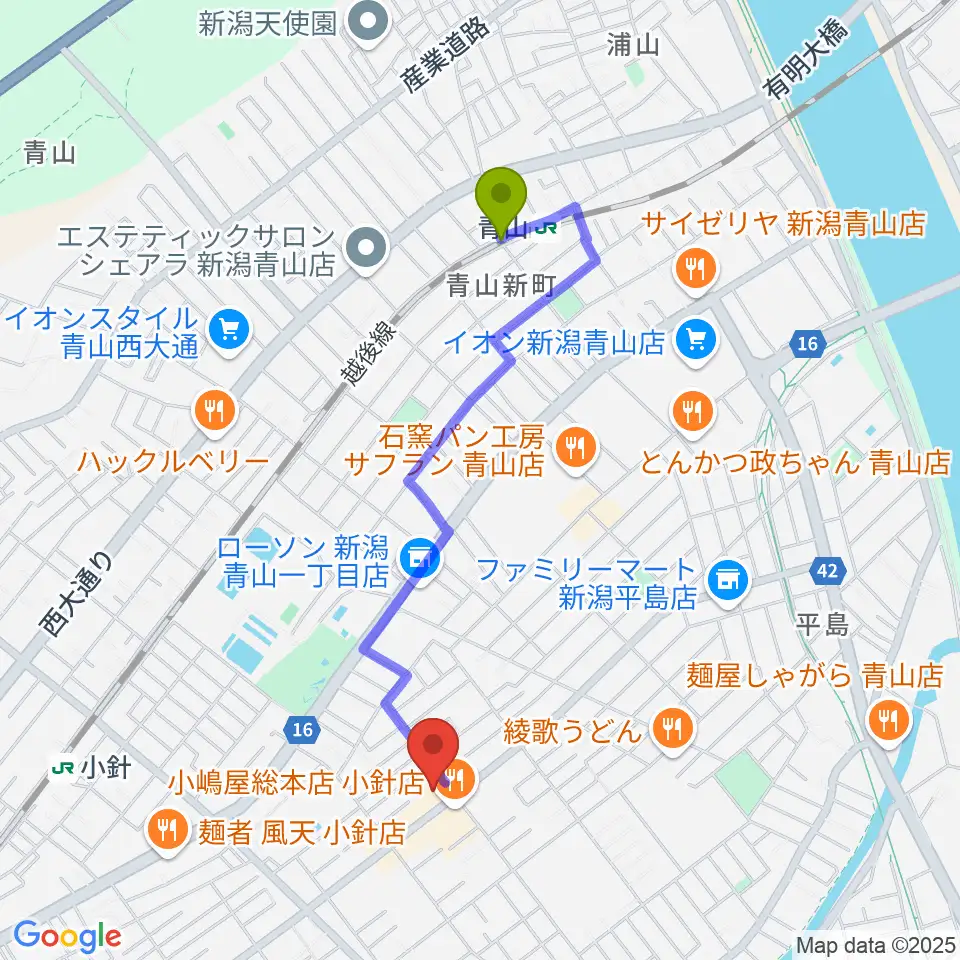 青山駅から西新潟市民会館へのルートマップ地図