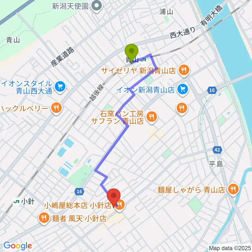 青山駅から西新潟市民会館へのルートマップ地図