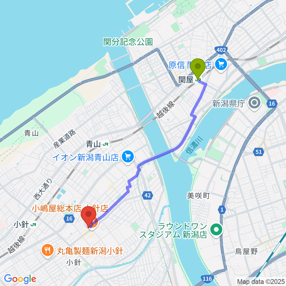 関屋駅から西新潟市民会館へのルートマップ地図