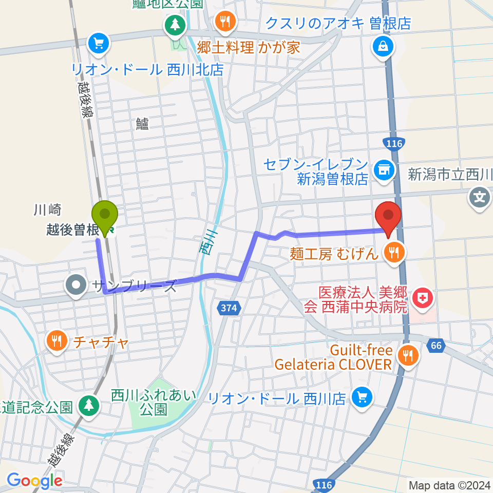 西川多目的ホールの最寄駅越後曽根駅からの徒歩ルート（約17分）地図