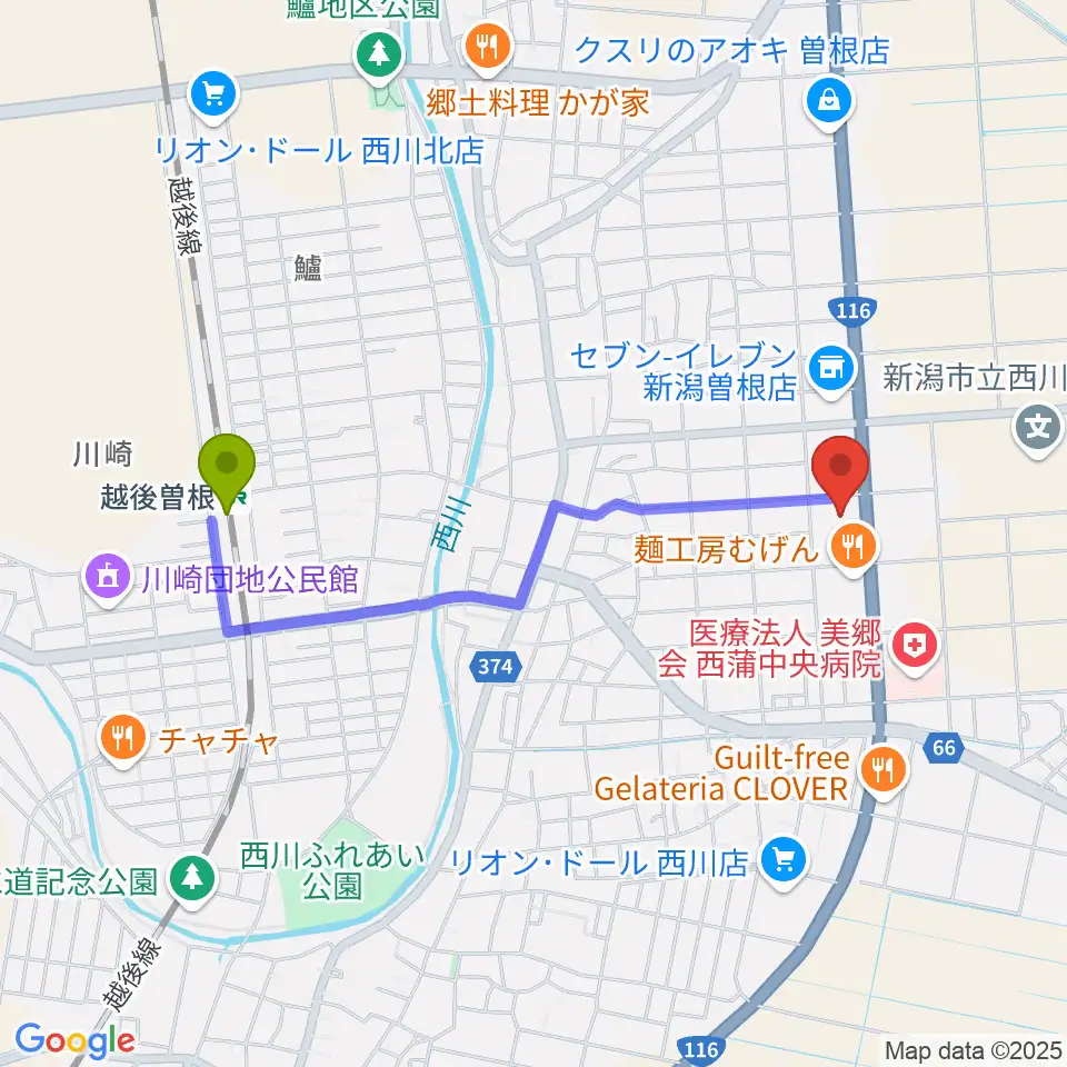 西川多目的ホールの最寄駅越後曽根駅からの徒歩ルート（約17分）地図