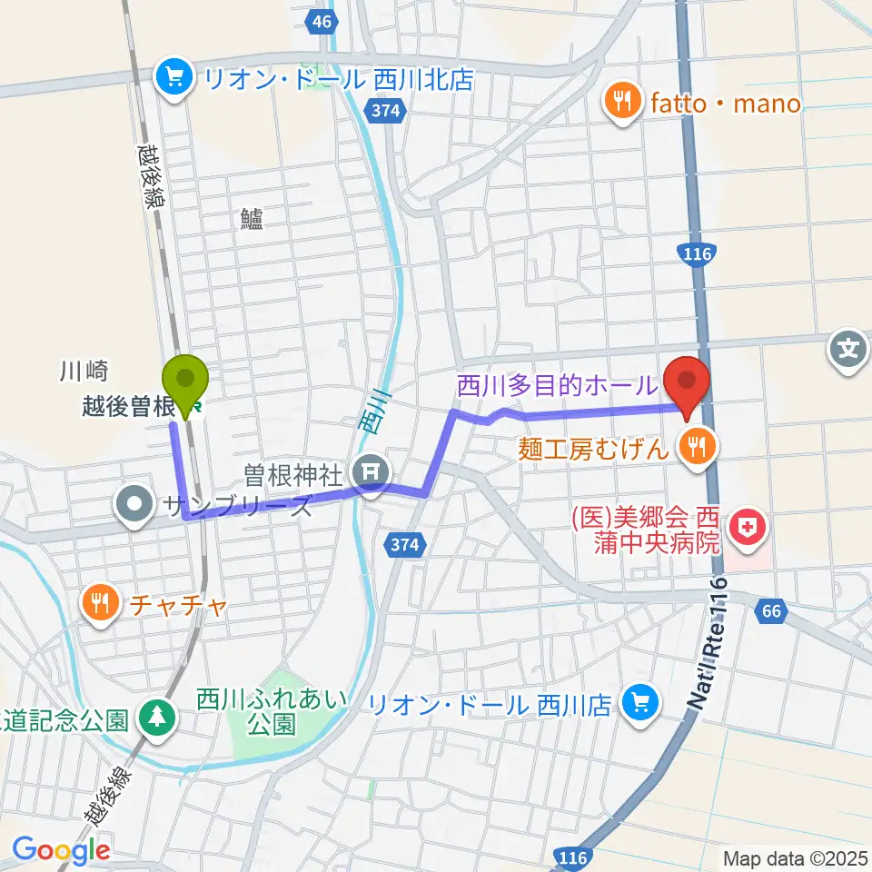 西川多目的ホールの最寄駅越後曽根駅からの徒歩ルート（約17分）地図