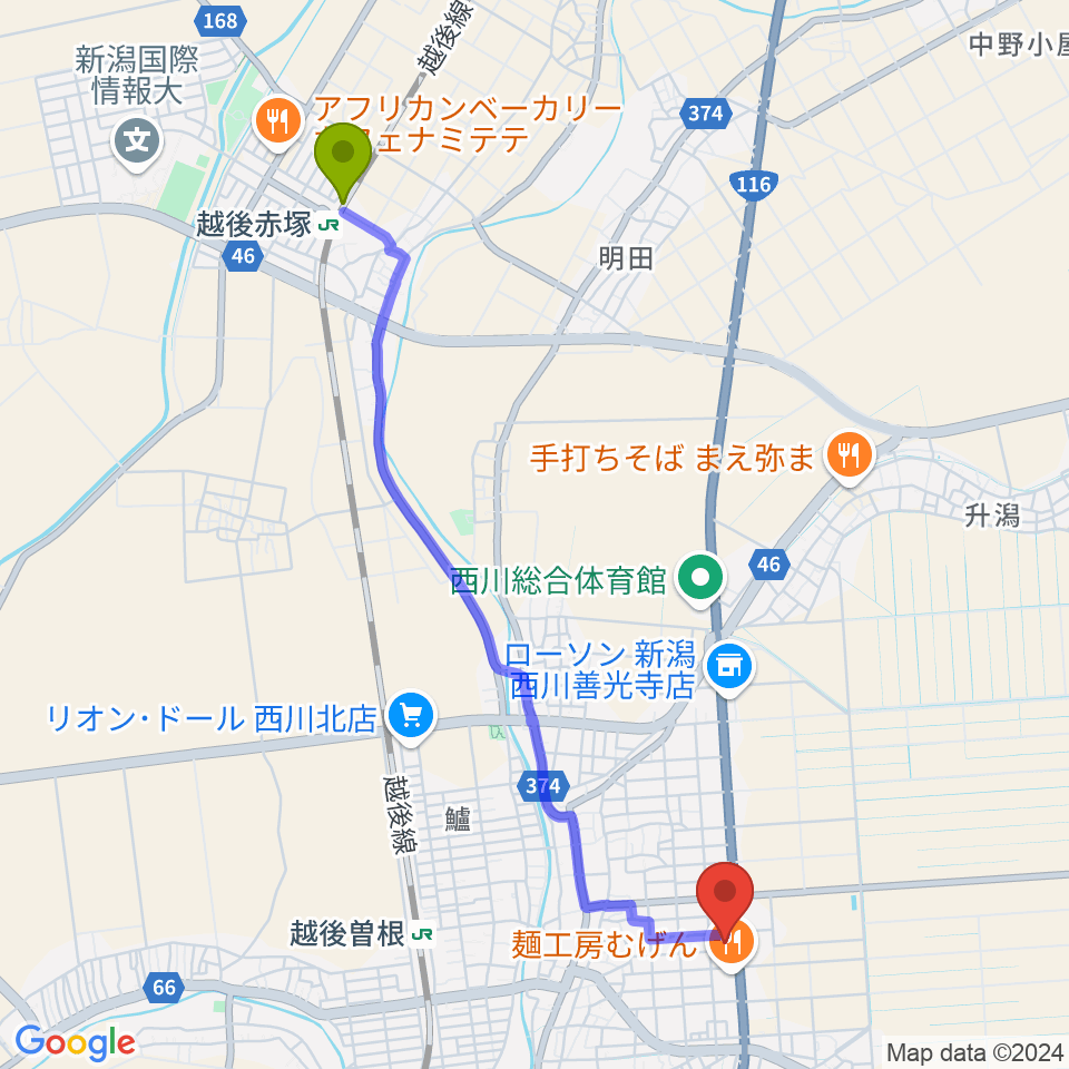 越後赤塚駅から西川多目的ホールへのルートマップ地図