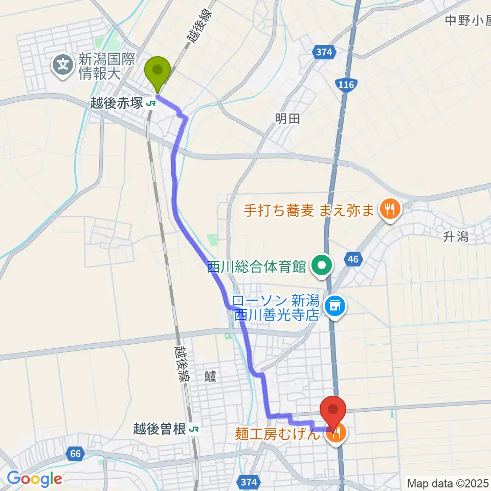 越後赤塚駅から西川多目的ホールへのルートマップ地図