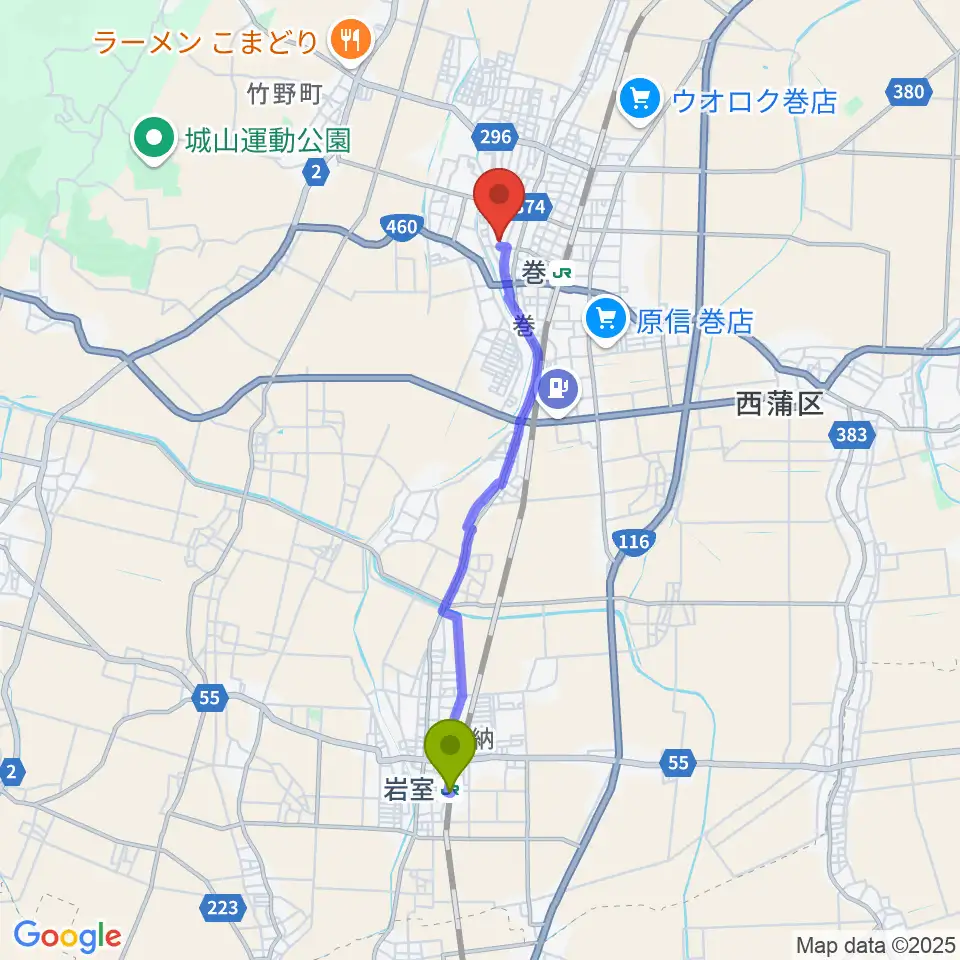 岩室駅から巻文化会館へのルートマップ地図