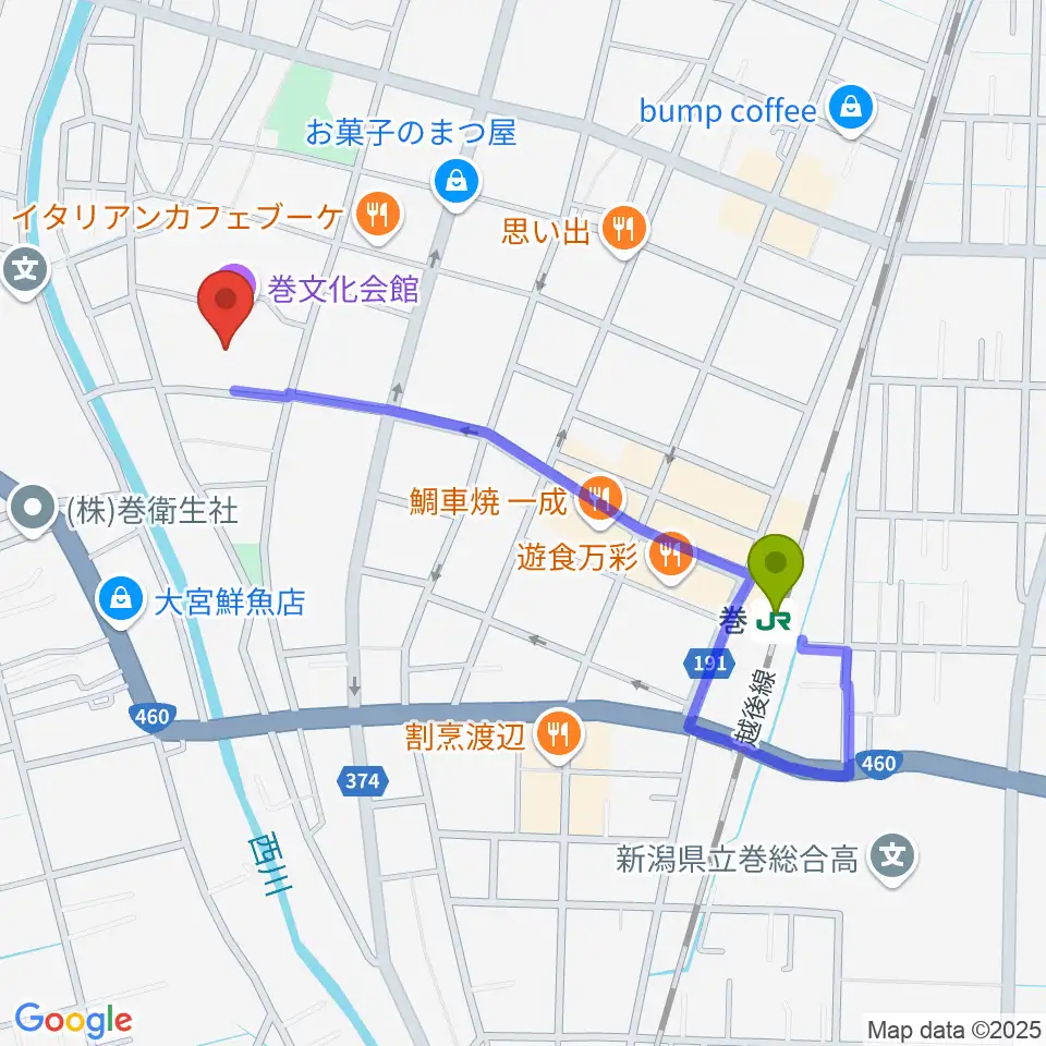 巻文化会館の最寄駅巻駅からの徒歩ルート（約9分）地図