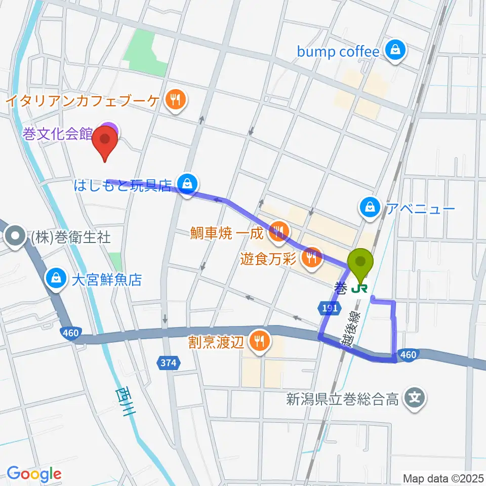 巻文化会館の最寄駅巻駅からの徒歩ルート（約9分）地図