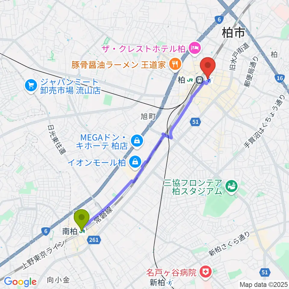 南柏駅からよみうりカルチャー柏へのルートマップ地図