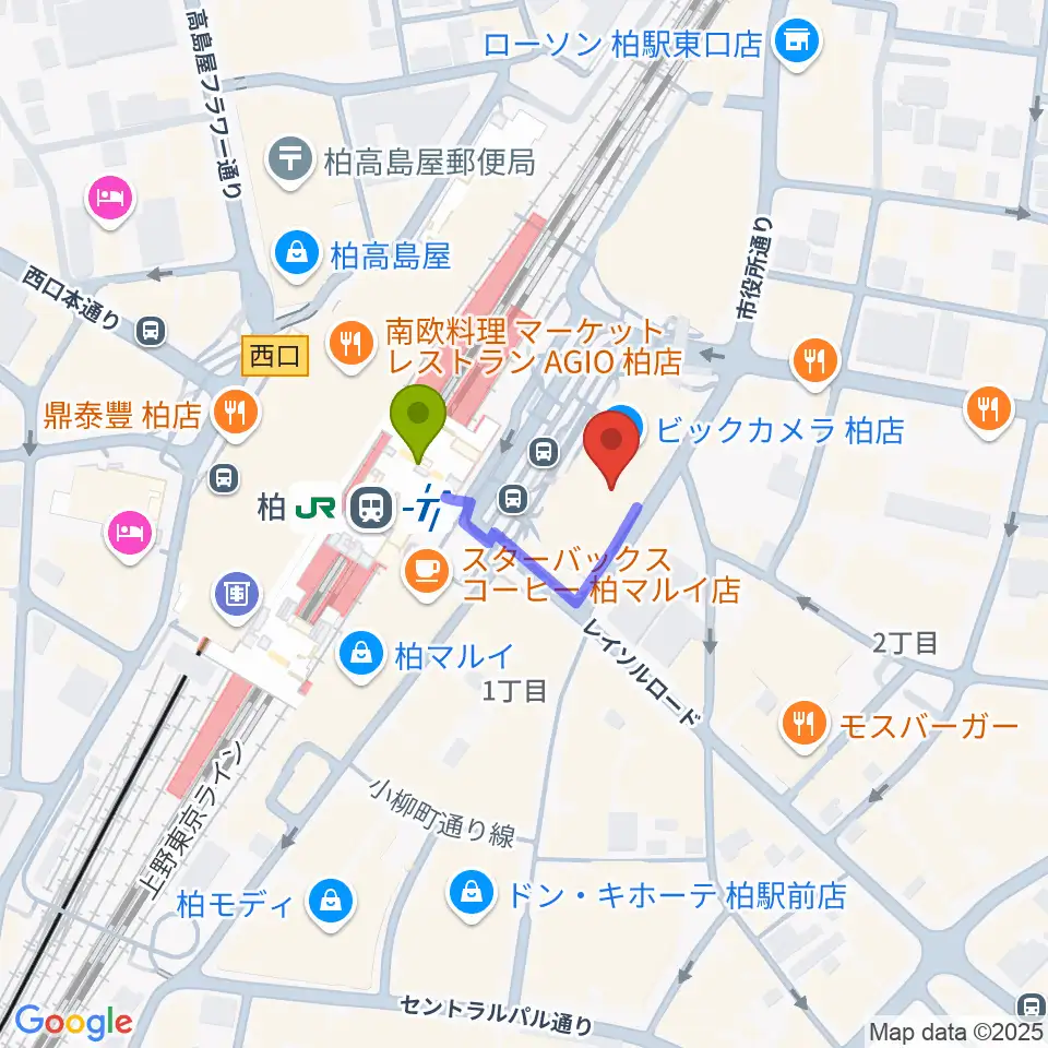 よみうりカルチャー柏の最寄駅柏駅からの徒歩ルート（約1分）地図