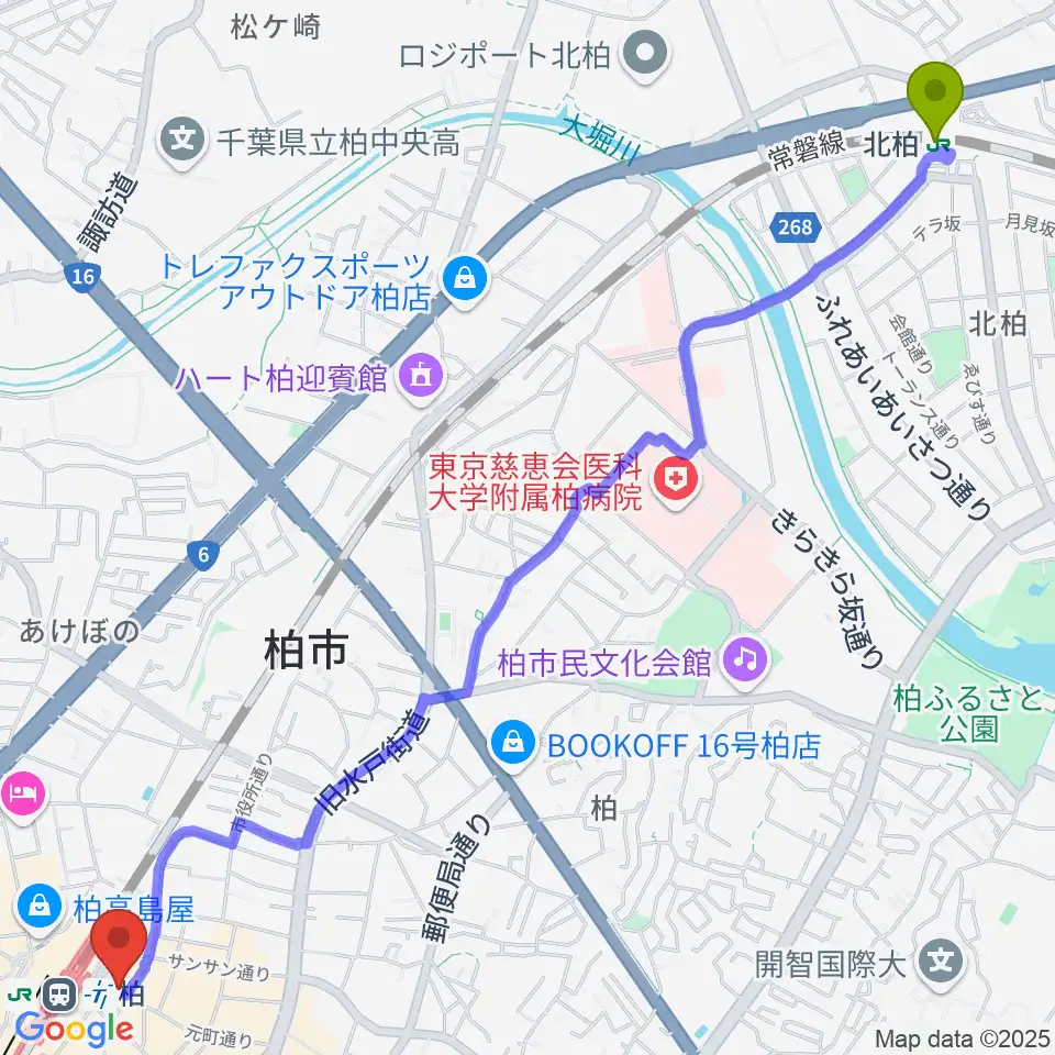 北柏駅からよみうりカルチャー柏へのルートマップ地図