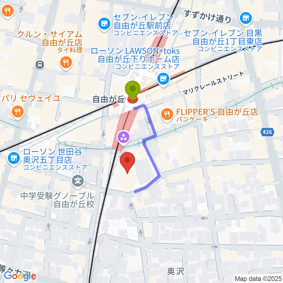 よみうりカルチャー自由が丘の最寄駅自由が丘駅からの徒歩ルート（約2分）地図