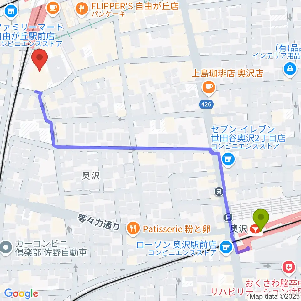 奥沢駅からよみうりカルチャー自由が丘へのルートマップ地図