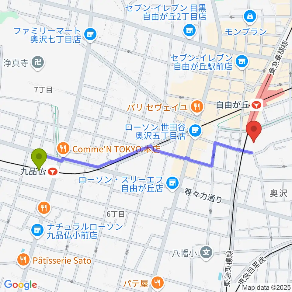 九品仏駅からよみうりカルチャー自由が丘へのルートマップ地図