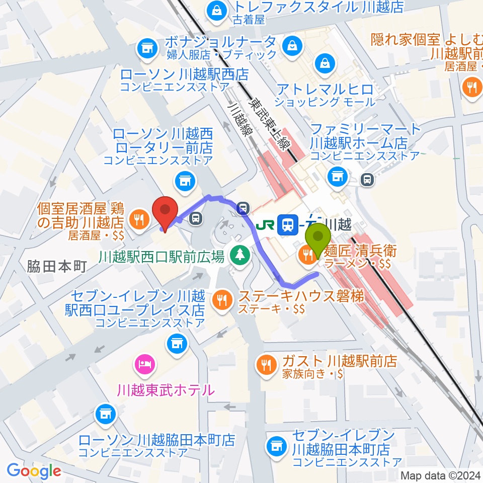 よみうりカルチャー川越の最寄駅川越駅からの徒歩ルート（約2分）地図