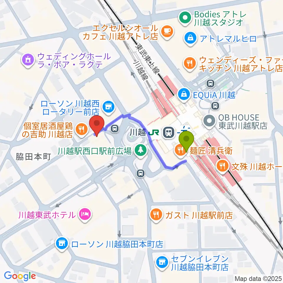 よみうりカルチャー川越の最寄駅川越駅からの徒歩ルート（約2分）地図