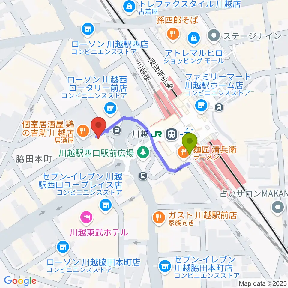 川越駅からよみうりカルチャー川越へのルートマップ地図
