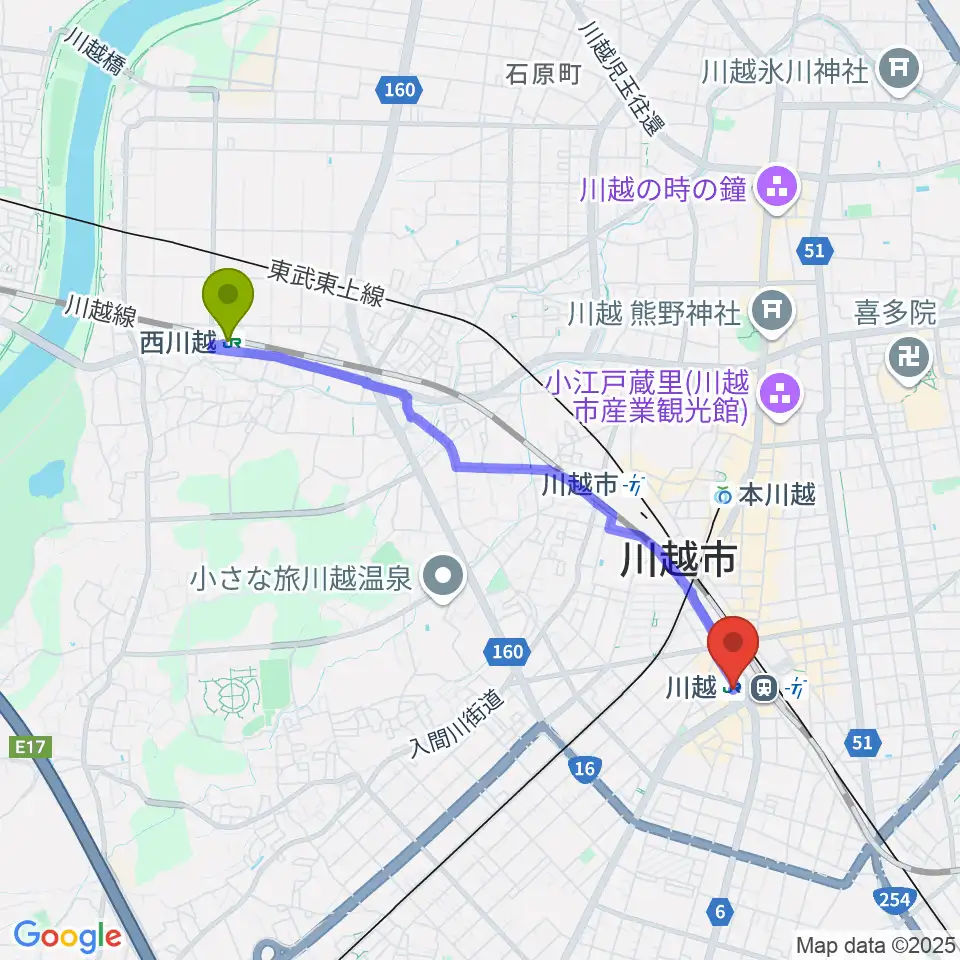 西川越駅からよみうりカルチャー川越へのルートマップ地図