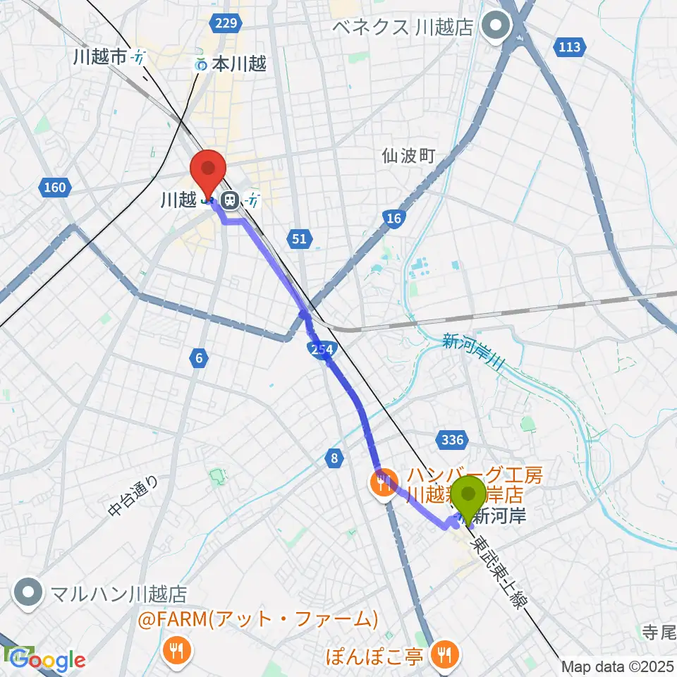 新河岸駅からよみうりカルチャー川越へのルートマップ地図